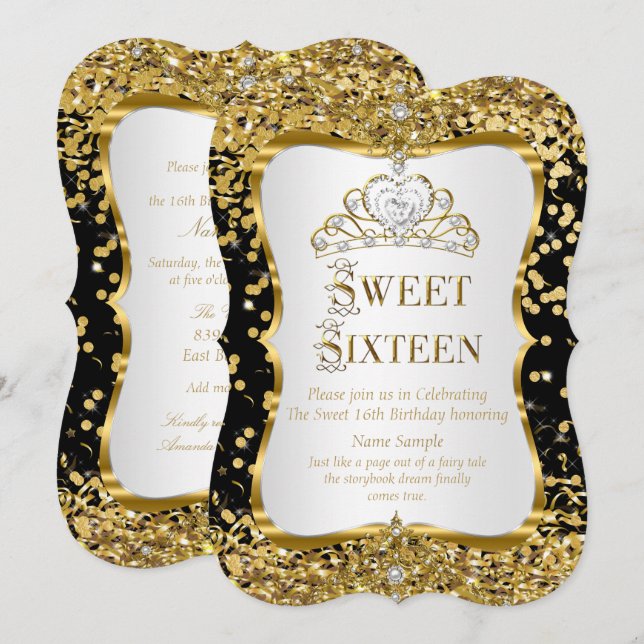Invitation Tiara Princesse Sweet 16 Or Noir Blanc (Devant / Derrière)
