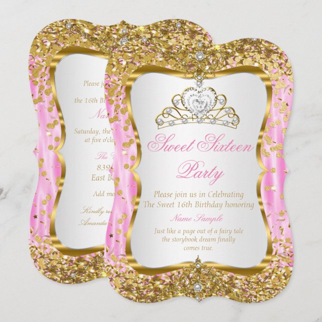 Invitation Tiara Princesse Sweet 16 Rose Or Blanc (Devant / Derrière)
