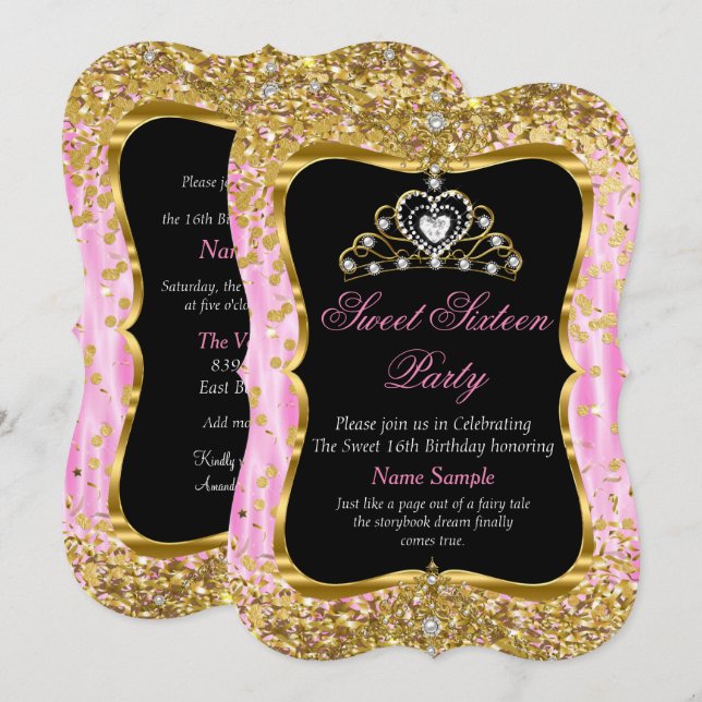 Invitation Tiara Princesse Sweet 16 Rose Or Noir (Devant / Derrière)