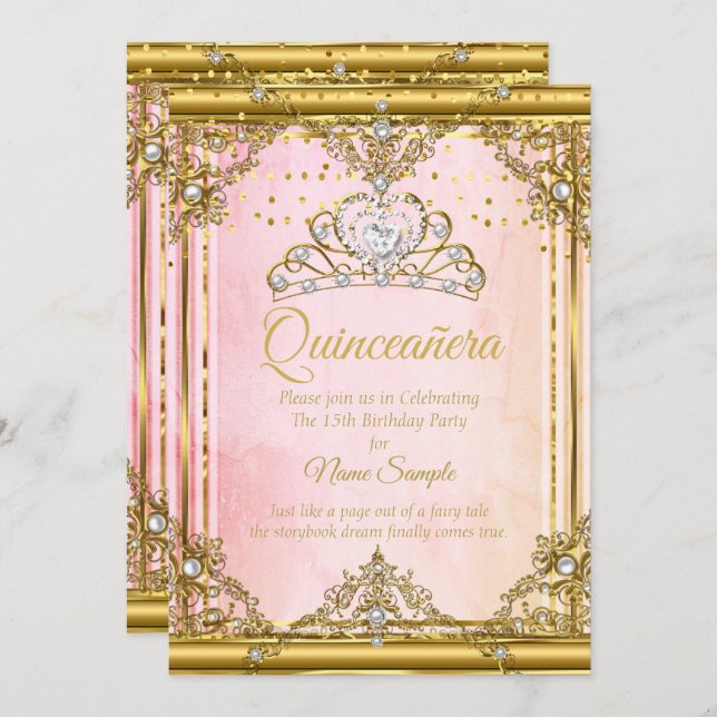 Invitation Tiara Quinceanera en or rose blanc Pear (Devant / Derrière)