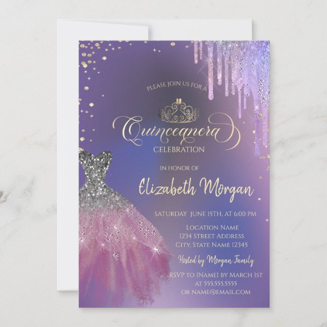 Invitation Tiara, robe chic gouttes violettes Quinceañera (Devant)