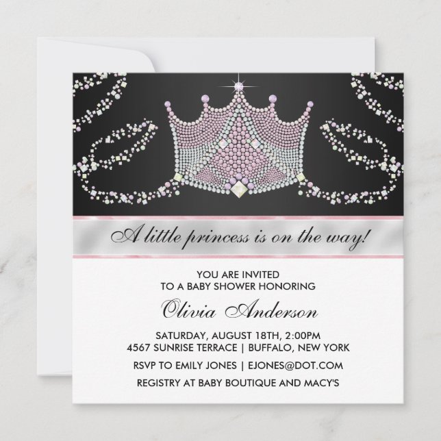 Invitation Tiara Rose Black Baby Girl Princess Baby shower (Devant)