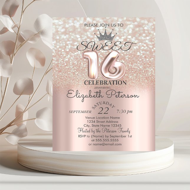 Invitation Tiara, Rose Gold Sweet 16 Parties scintillant Boke (Créateur téléchargé)