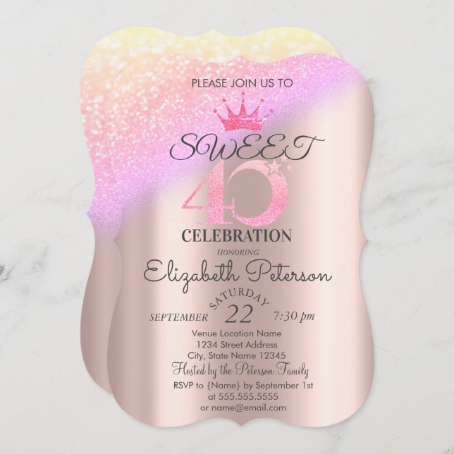 Invitation Tiara, Rose Gold Sweet 40th Ombre Parties scintill (Devant / Derrière)