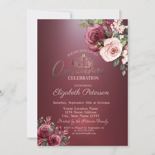Invitation Tiara, Roses de Bourgogne Fleurs Quinceañera (Devant)