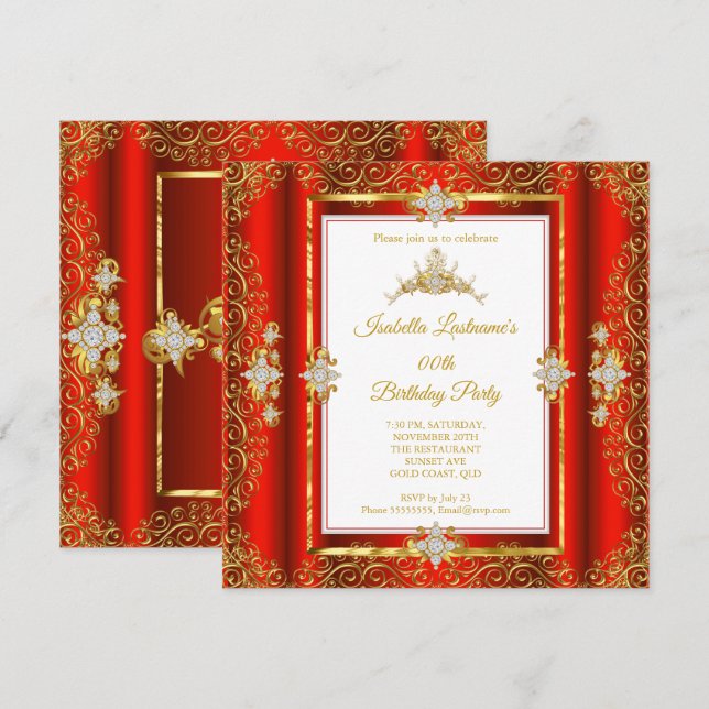 Invitation Tiara Rouge Damassé Or Blanc Fête d'anniversaire (Devant / Derrière)