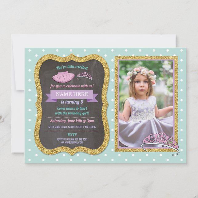 Invitation Tiara Tutu Pink Ballet Mint Parties scintillant An (Devant)