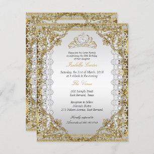 Invitation Tiara White Gold Pearl Lace Damask Anniversaire