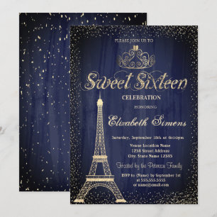 Invitation Tiare Dorée Élégante Serviette Confettis Tour Eiff