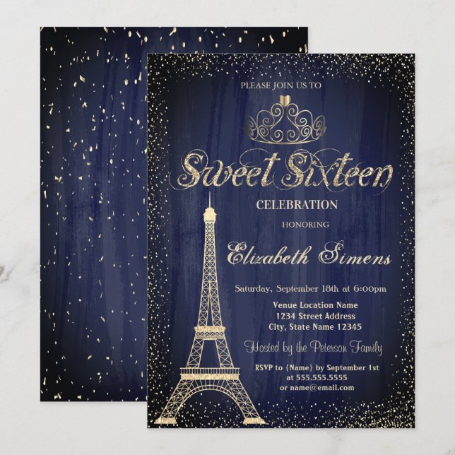 Invitation Tiare Dorée Élégante Serviette Confettis Tour Eiff (Devant / Derrière)