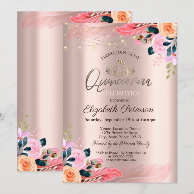 Invitation Tiare, Fleurs Plume Rose Or Quinceañera (Devant / Derrière)