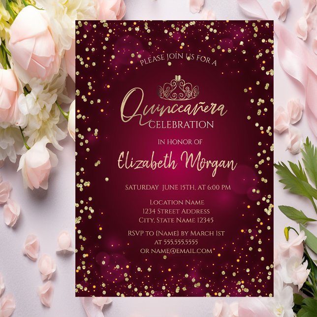 Invitation Tiare Or Chic, Diamants Bourgogne Quinceañera (Créateur téléchargé)