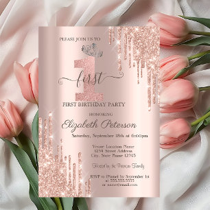 Invitation Tiare pailleté élégant gouttes rose or argent 1er