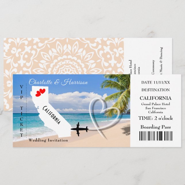 Invitation Ticket BoardingPass Mariage Destination Californie (Devant / Derrière)