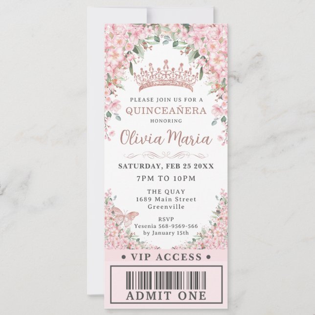Invitation Ticket Cerry Blossoms Rose Gold Quinceañera VIP (Devant)