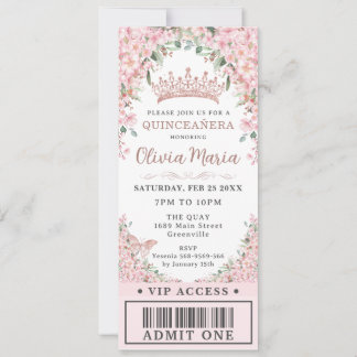 Invitation Ticket Cerry Blossoms Rose Gold Quinceañera VIP