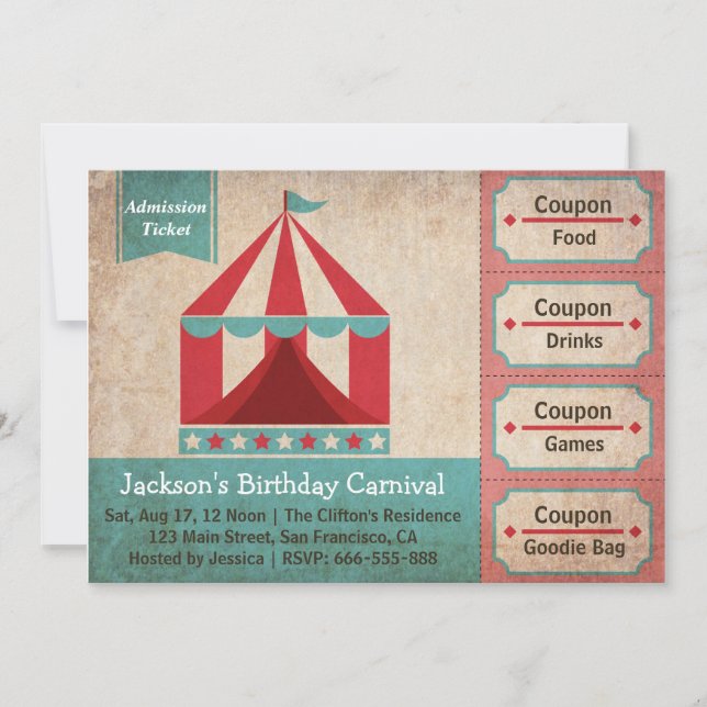 Invitation Ticket d'admission au carnaval - Fête d'anniversai (Devant)