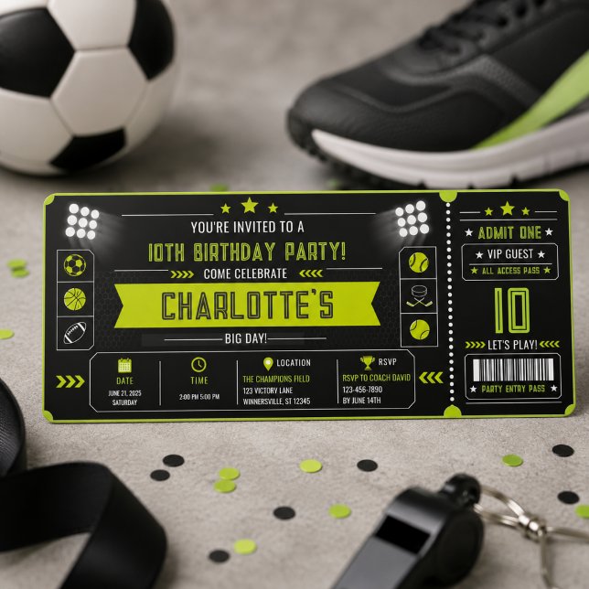 Invitation Ticket d'anniversaire moderne noir pour garçons de (Boys Modern Black Sports Kids 10th Birthday Ticket Invitation
)