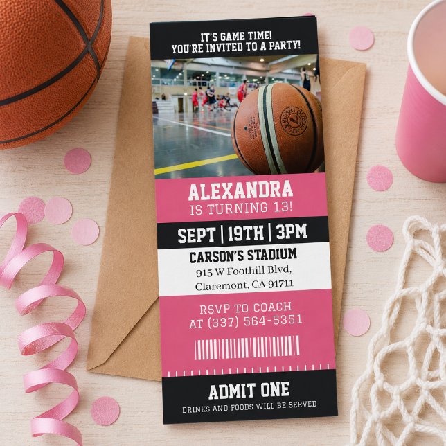 Invitation Ticket de Basketball Rose Fête d'Anniversaire (Créateur téléchargé)