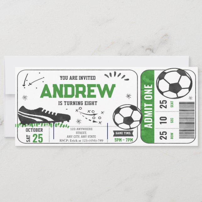 Invitation Ticket de fête d'anniversaire de football moderne  (Devant)