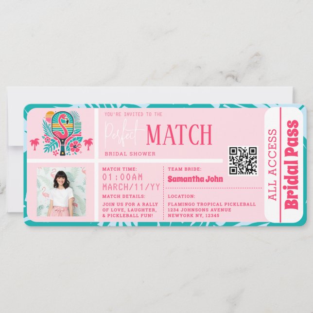 Invitation Ticket de Fête des mariées de Pickleball Flamant r (Devant)