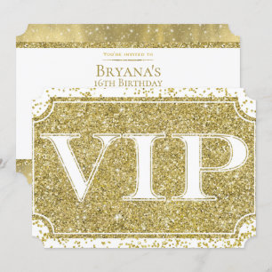 Invitation Ticket de fête VIP Glamour Confettis Paillettes Or