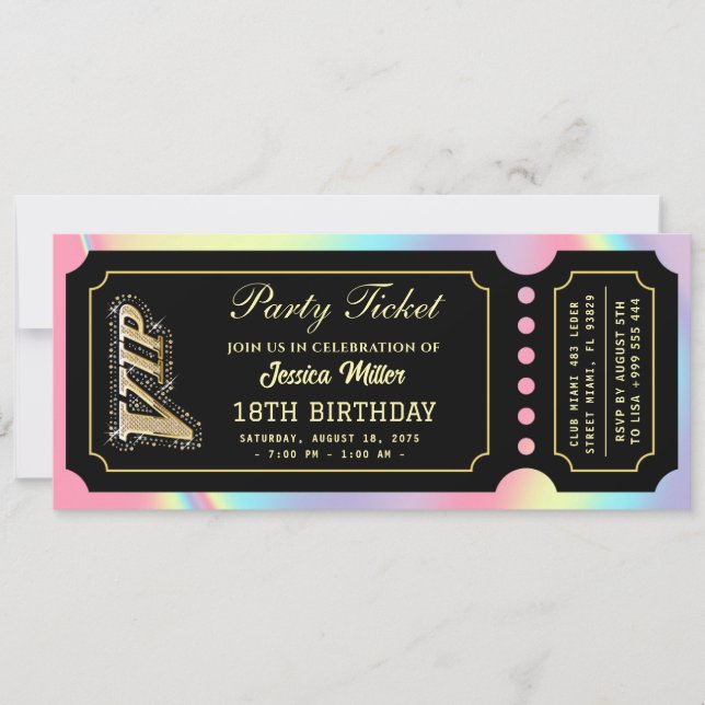 Invitation Ticket de Luxe Noir Holographique Rose (Devant)