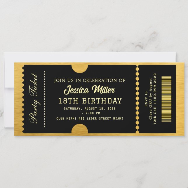 Invitation Ticket de luxe noir holographique rose (Devant)