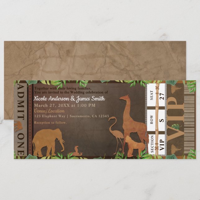Invitation Ticket de mariage animaux bruns de la jungle Safar (Devant / Derrière)