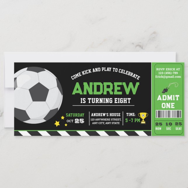 Invitation Ticket de soccer moderne vert personnel Anniversai (Devant)