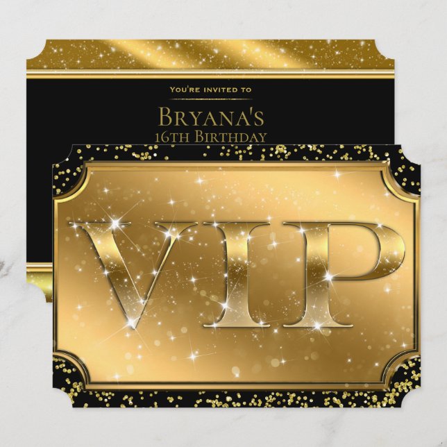 Invitation Ticket de soirée VIP Paillettes Confettis Noir Or  (Devant / Derrière)
