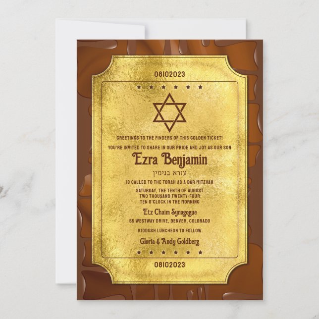 Invitation Ticket d'Or Chocolat Bat Mitzvah ou Bar Mitzvah (Devant)