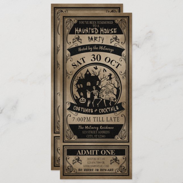 Invitation Ticket Haunted Maison vintage Halloween (Devant / Derrière)