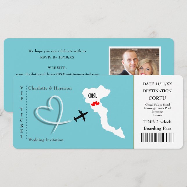 Invitation Ticket Pass Mariage Destination Corfou (Devant / Derrière)