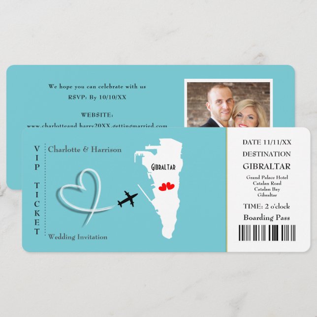 Invitation Ticket Pass Mariage Destination Gibraltar (Devant / Derrière)