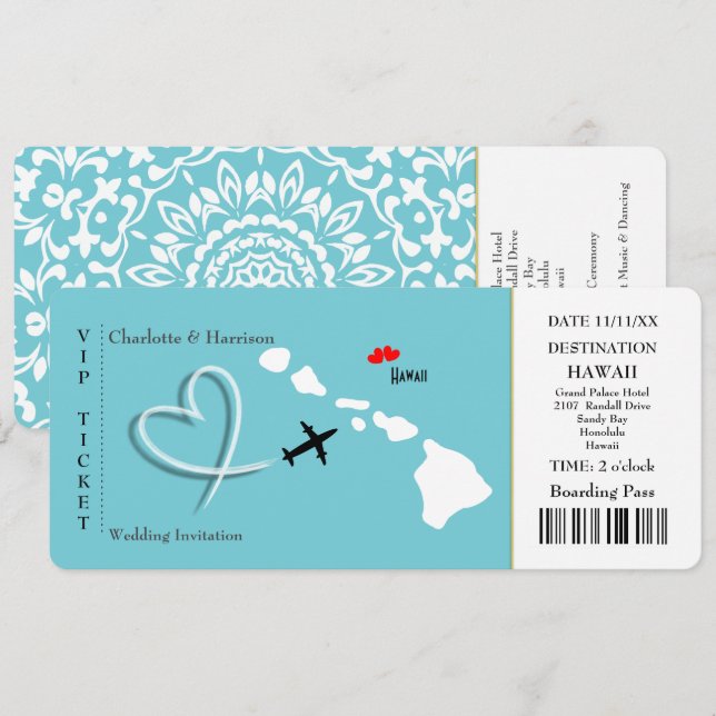 Invitation Ticket Pass Mariage Destination Hawaii (Devant / Derrière)