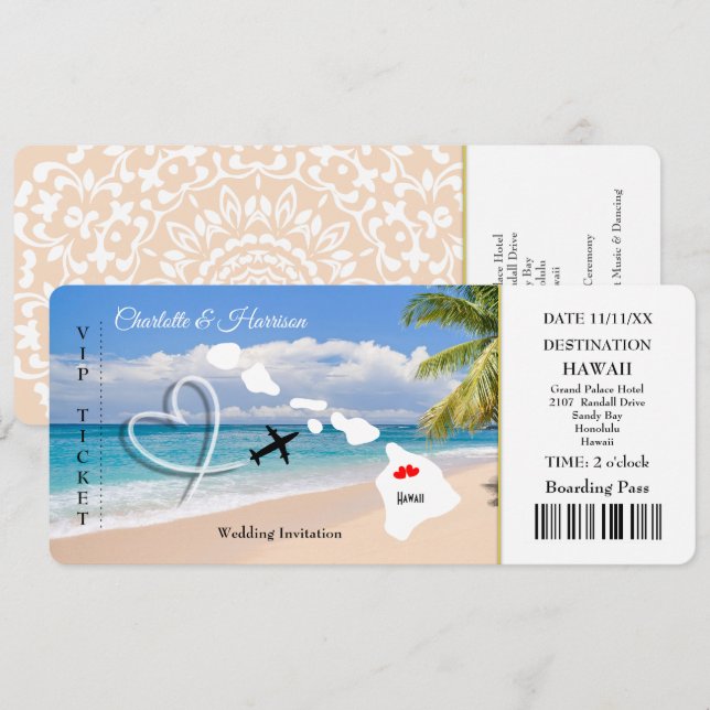 Invitation Ticket Pass Mariage Destination Hawaii (Devant / Derrière)