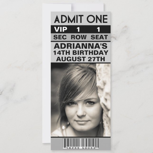 Invitation Ticket photo VIP gris acier fête d'anniversaire (Devant)