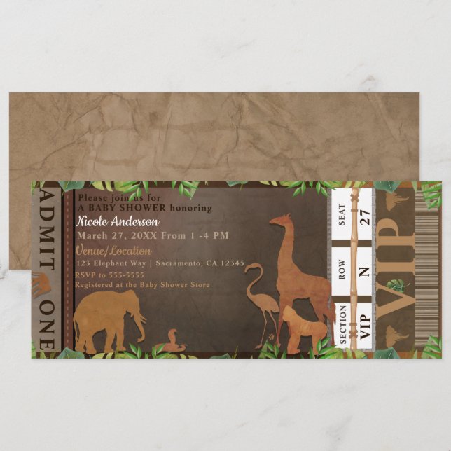 Invitation Ticket pour Baby Shower sur le thème des Animaux B (Devant / Derrière)