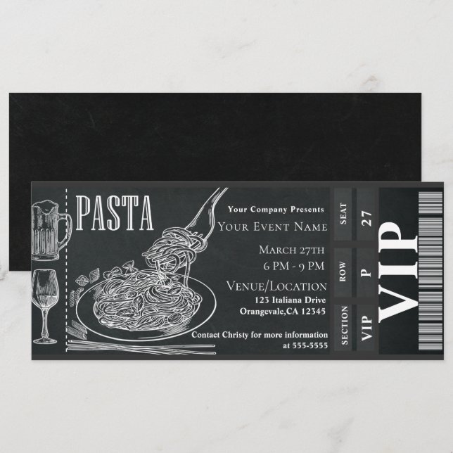 Invitation Ticket pour dîner VIP au repas de pâtes et de vin  (Devant / Derrière)