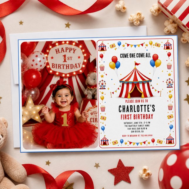 Invitation Ticket pour le 1er Anniversaire du Cirque Rouge Mo (Modern Red Circus Ticket 1st Birthday | Any Gender Invitation
)