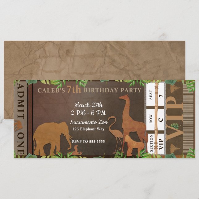Invitation Ticket pour une fête d'anniversaire sur les animau (Devant / Derrière)