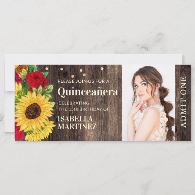 Invitation Ticket Quinceañera Bottes de Soleil Rustique Roses (Devant)