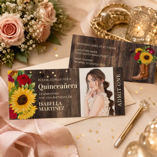 Invitation Ticket Quinceañera Bottes de Soleil Rustique Roses (Red roses and sunflowers Quinceanera ticket invitation)