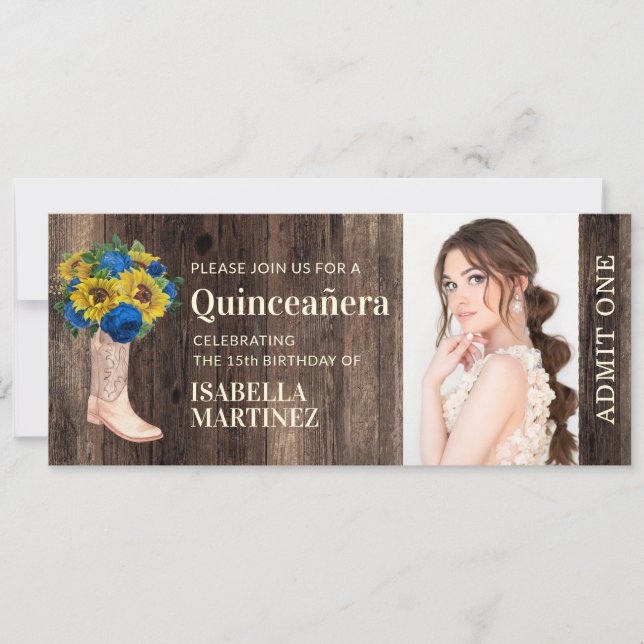 Invitation Ticket Rustique Rose Sunflower Blue Boot Quinceañe (Devant)