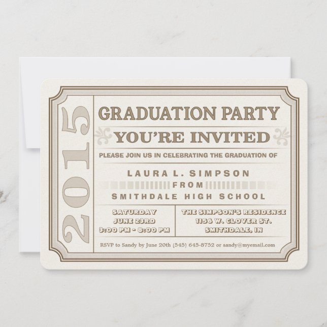 Invitation Ticket Style 2015 Brown Graduation Party Invitatio (Devant)