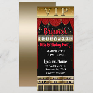 Invitation Ticket VIP Fête d'anniversaire HOLLYWOOD Or Noir R