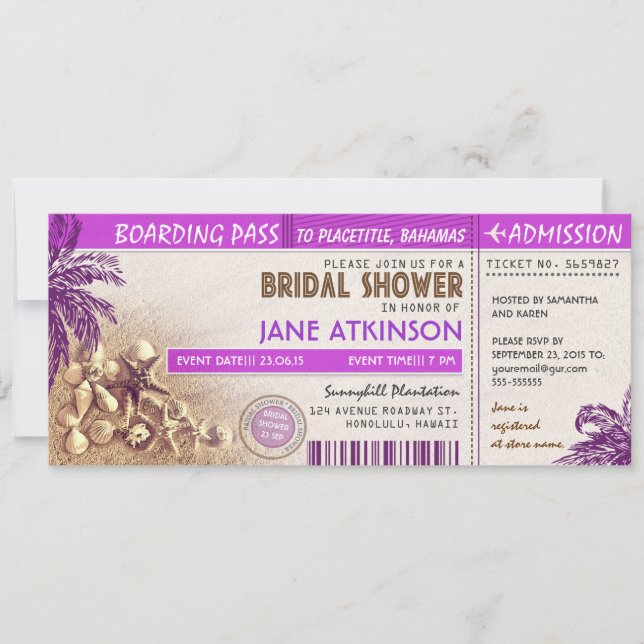 Invitation tickets d'embarquement violets pour Fête des marié (Devant)
