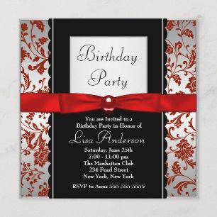 Invitation Tie Bow noir et rouge Damassé Fête d'anniversaire