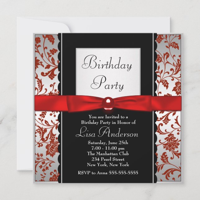 Invitation Tie Bow Rouge & Noir Damassé Anniversaire (Devant)